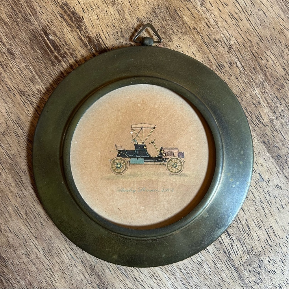 Vintage STANLEY STEAMER 1908 Print Automobile Cars Home Decor Round Brass Frame